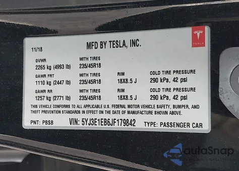 2018 Tesla Model 3 Long Range/Performance из США, поврежденный, VIN 5YJ3E1EB6JF179842